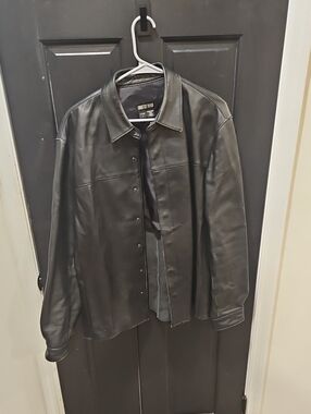 Country Road Black Leather Snap-Front Bomber Jacket